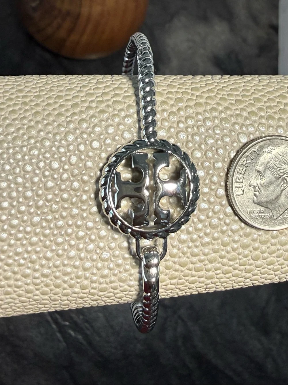 Tory Burch Silver Tone Logo Disc Bangle Bracelet